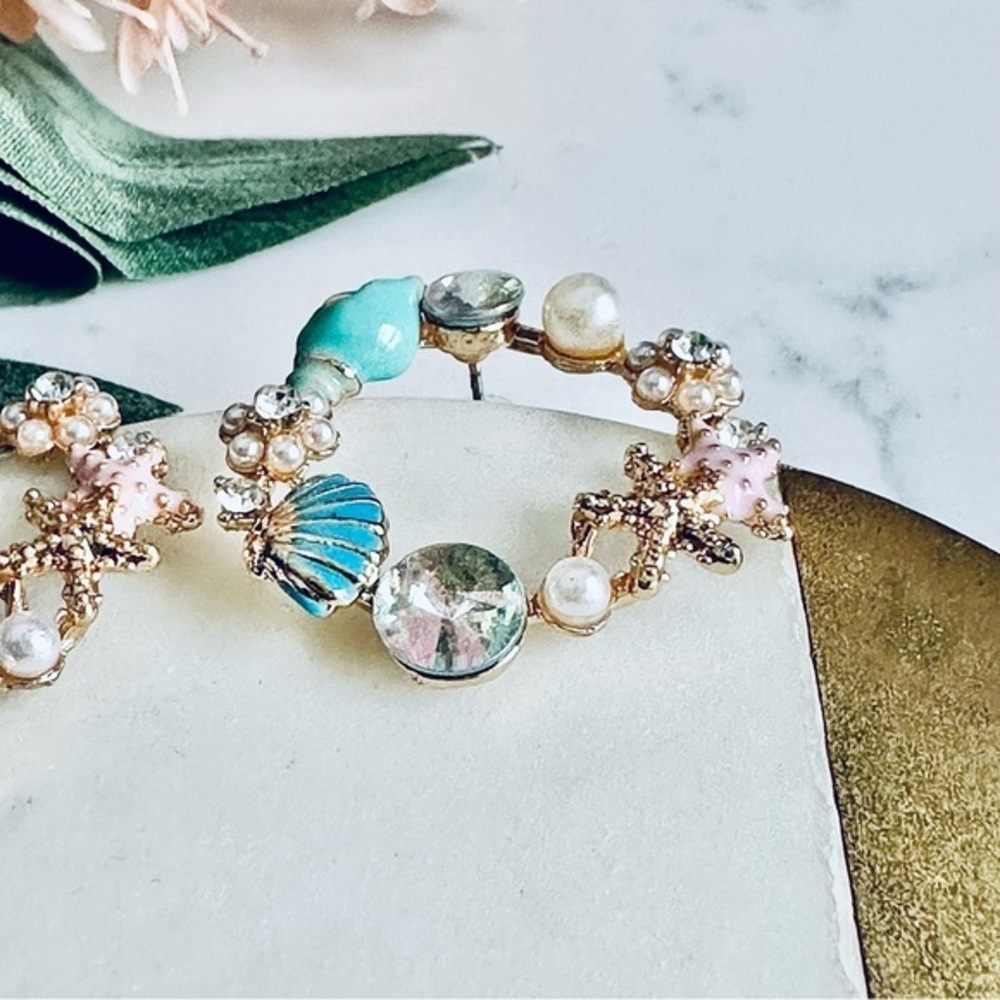 2/$30🌵 Ocean Seashell Conch Faux Pearl Mermaid Earrings Circle Starfish Shell - Picture 4 of 6